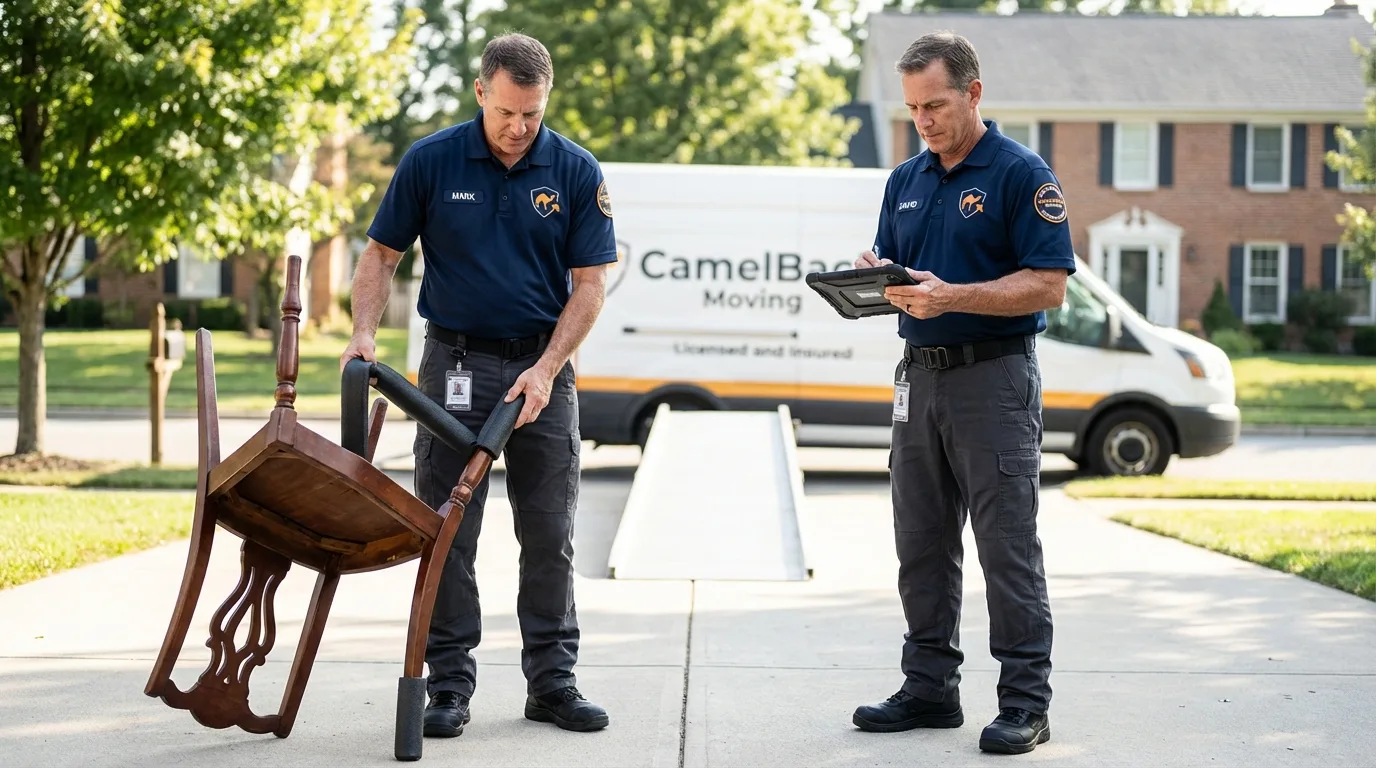 Movers inspecting furniture for damage prevention before loading in Kingstree, SC